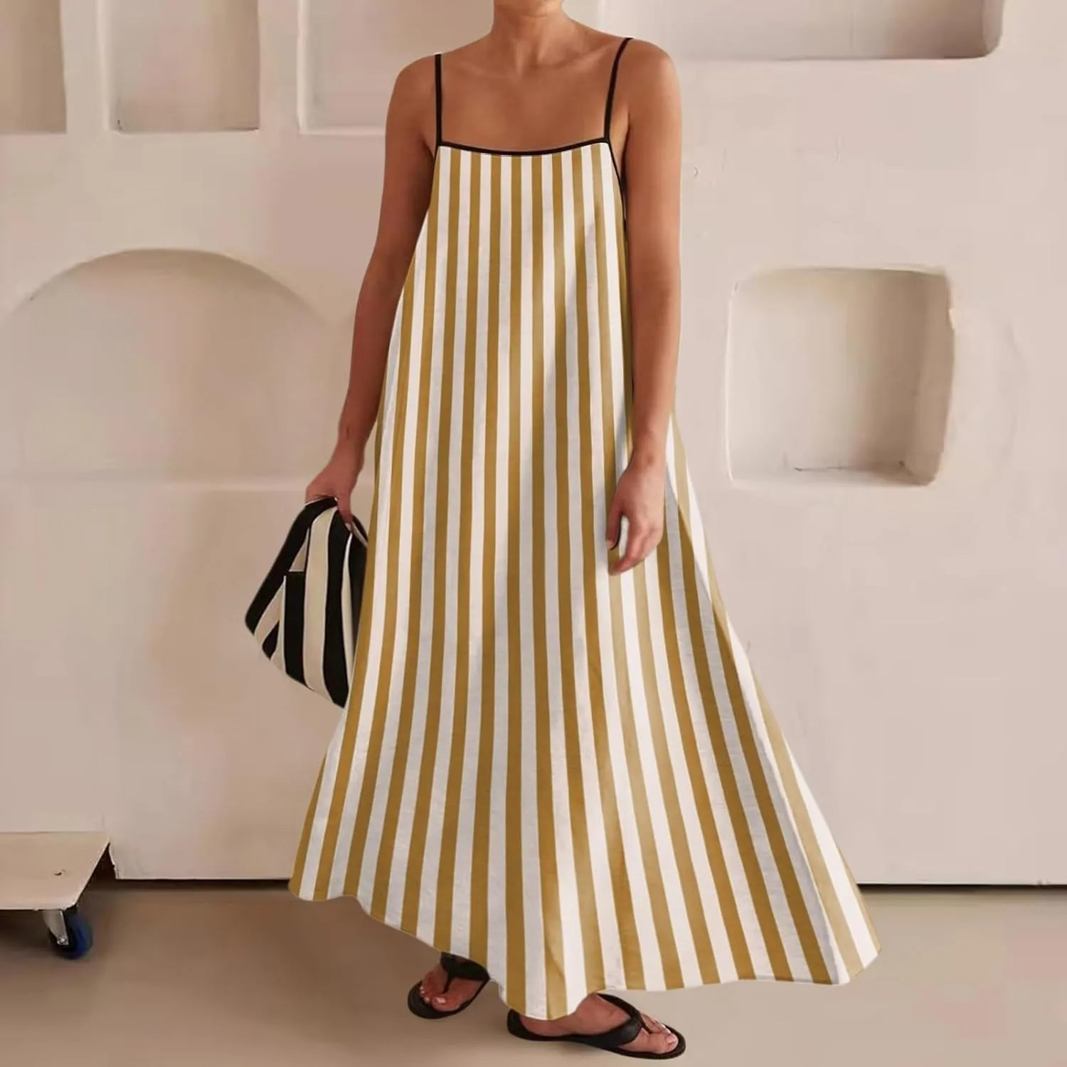 Womens Linen Maxi Dress Contrast Trim Spaghetti Straps Summer Outfits Sleeveless Long Womens Business Casual Dresses