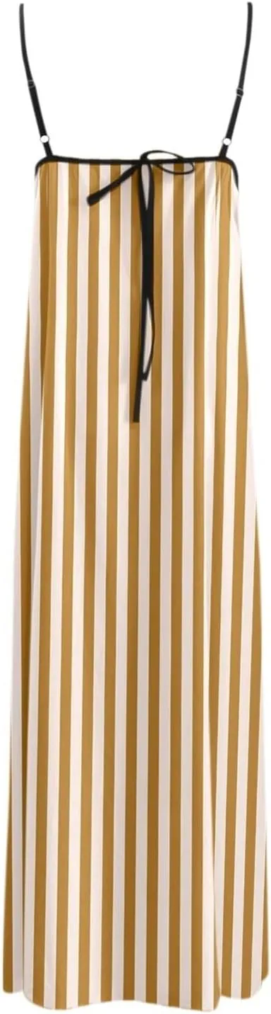 Womens Linen Maxi Dress Contrast Trim Spaghetti Straps Summer Outfits Sleeveless Long Womens Business Casual Dresses