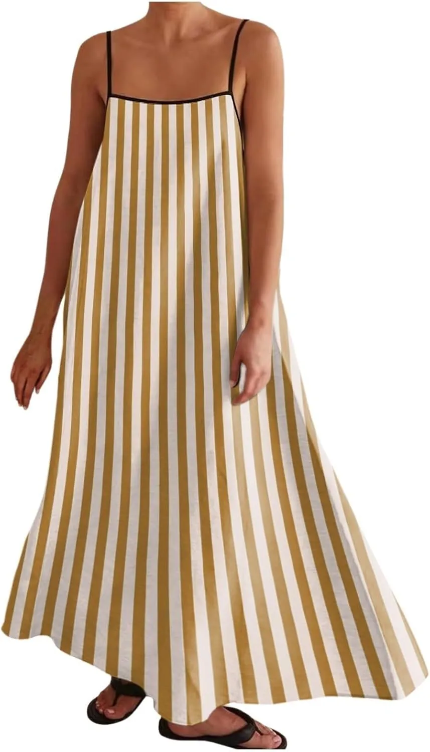 Womens Linen Maxi Dress Contrast Trim Spaghetti Straps Summer Outfits Sleeveless Long Womens Business Casual Dresses