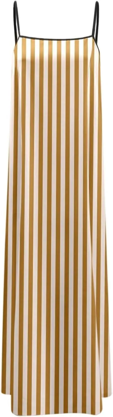 Womens Linen Maxi Dress Contrast Trim Spaghetti Straps Summer Outfits Sleeveless Long Womens Business Casual Dresses