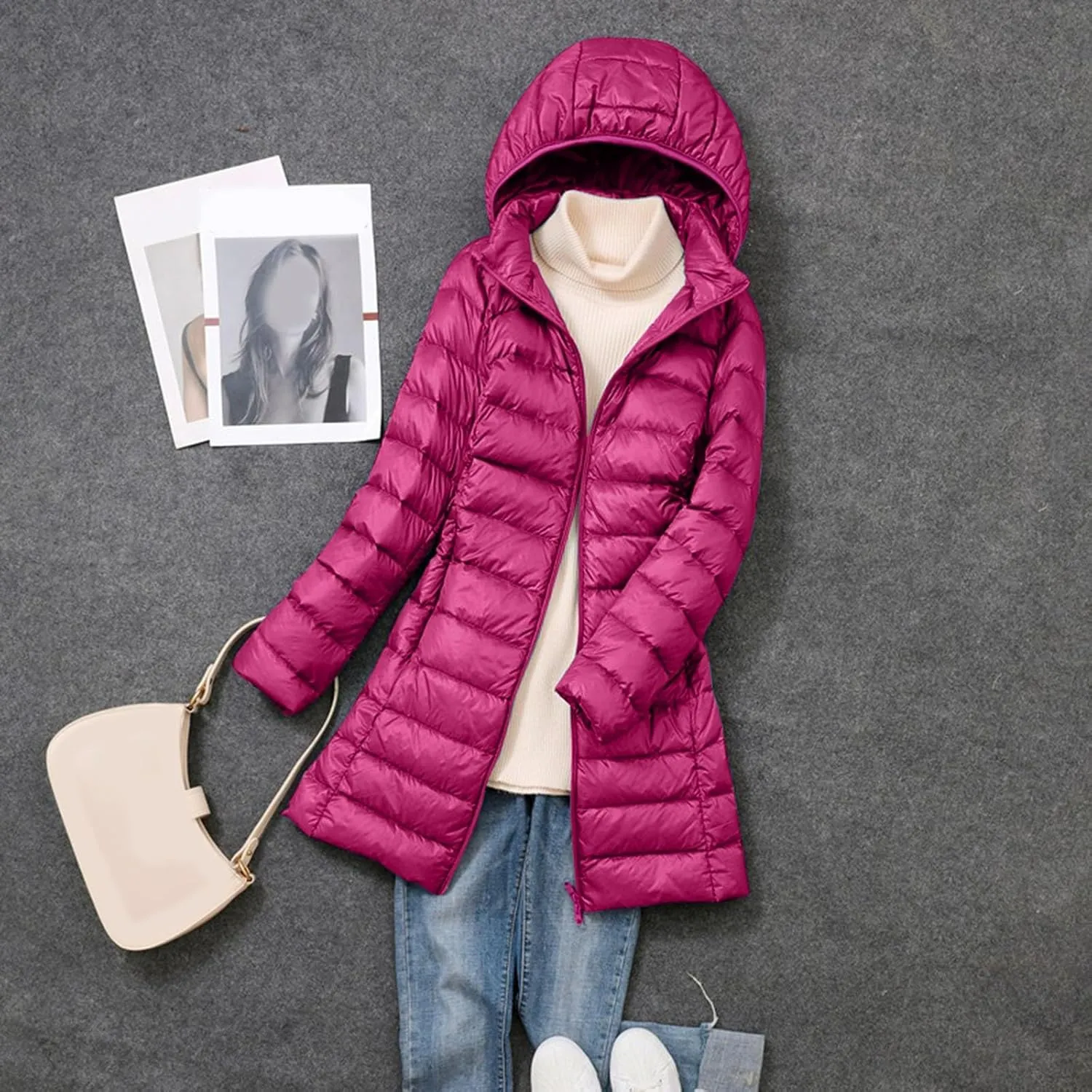 Womens Long Puffer Jacket Warm Packable Down Jackets Lightweight Hooded Jacket Short Down Coats