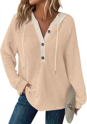 Women's Long Sleeve Hooded Trendy Drawstring Sweatshirt 2024 Button Loose V-Neck Top Comfy Slim Clothes