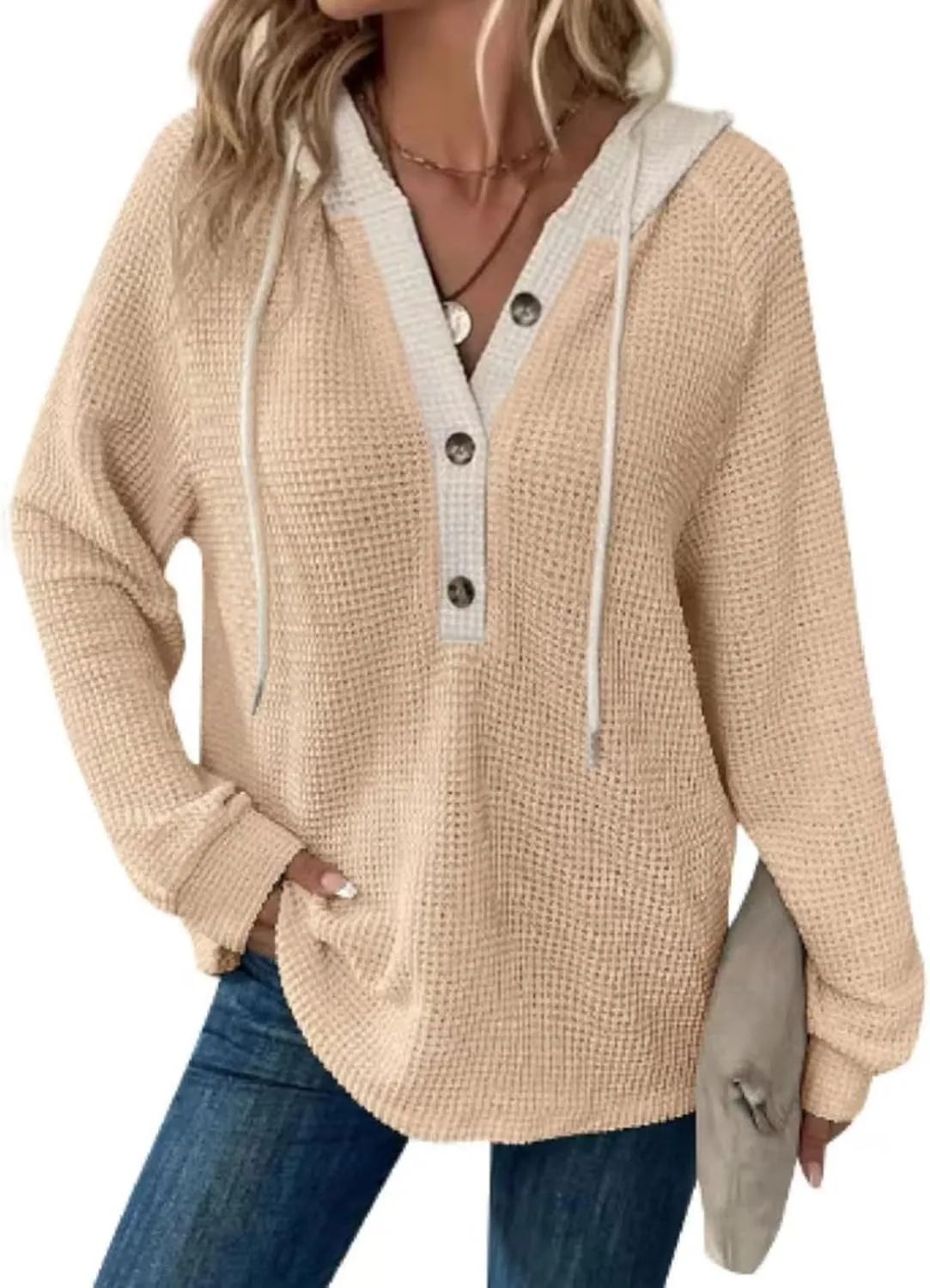 Women's Long Sleeve Hooded Trendy Drawstring Sweatshirt 2024 Button Loose V-Neck Top Comfy Slim Clothes