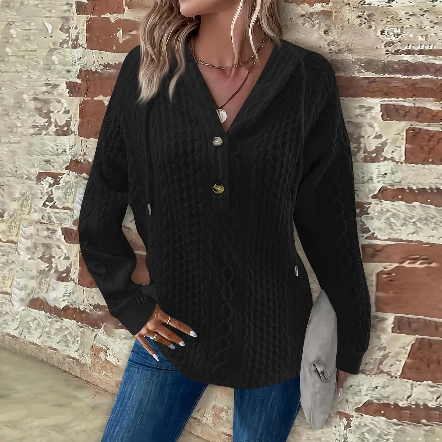 Women's Long Sleeve Hooded Trendy Drawstring Sweatshirt 2024 Button Loose V-Neck Top Comfy Slim Clothes
