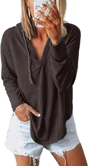 Womens Long Sleeve V Neck Hoodie Sweatshirts Lightweight Pullover Tops