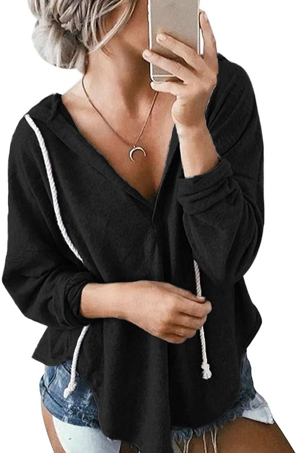 Womens Long Sleeve V Neck Hoodie Sweatshirts Lightweight Pullover Tops