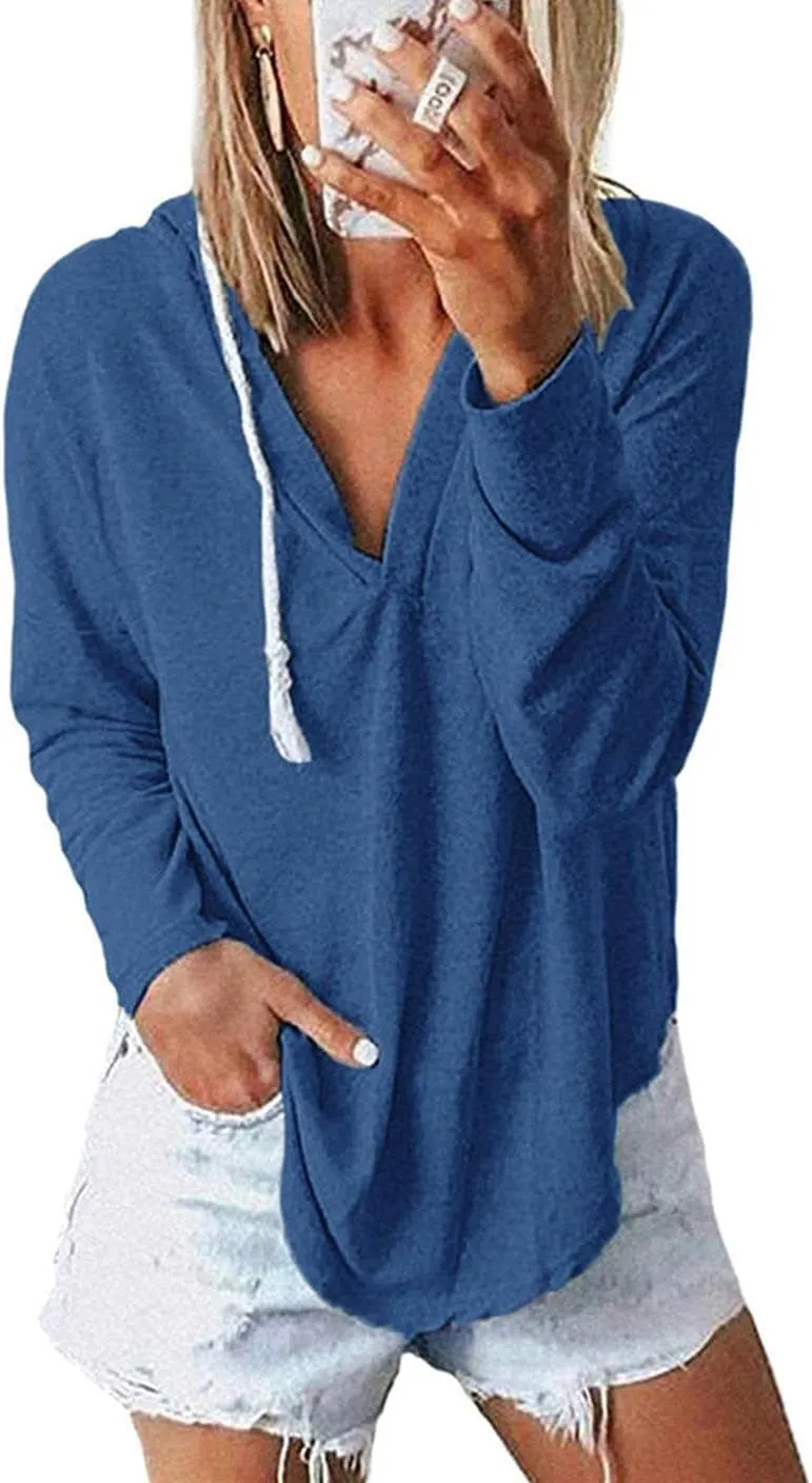 Womens Long Sleeve V Neck Hoodie Sweatshirts Lightweight Pullover Tops