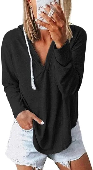 Womens Long Sleeve V Neck Hoodie Sweatshirts Lightweight Pullover Tops
