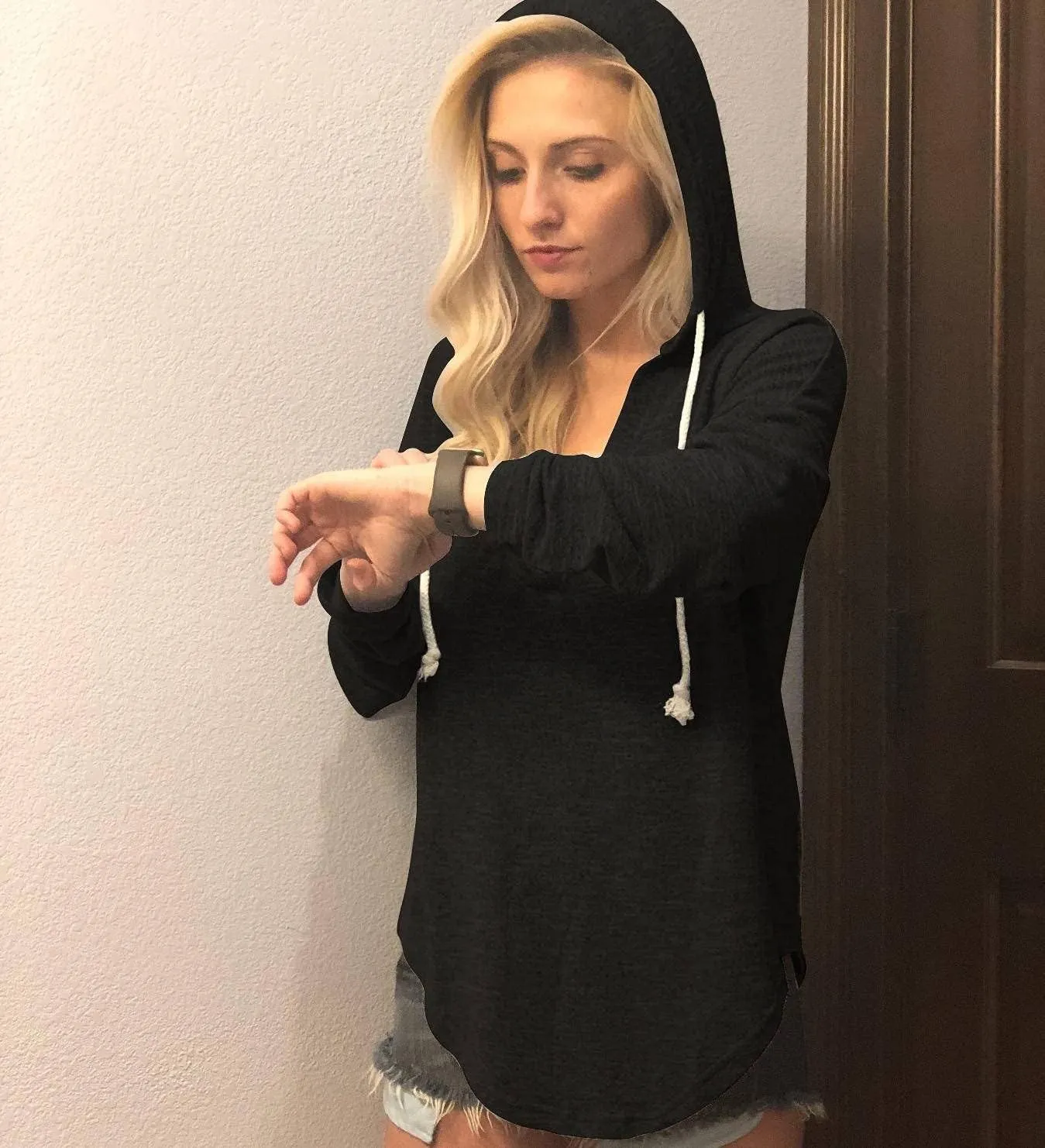 Womens Long Sleeve V Neck Hoodie Sweatshirts Lightweight Pullover Tops