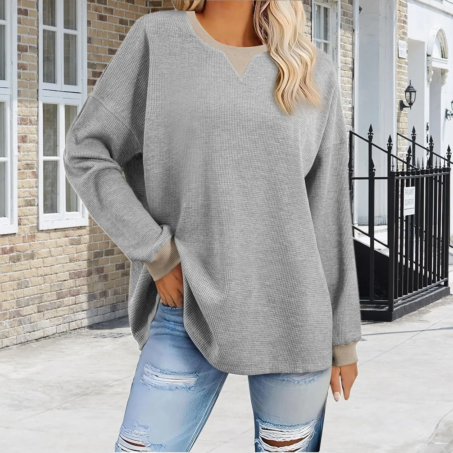 Womens Loose Sweatshirt Casual Knitted Long Sleece Round Neck Lightweight Hoodie Oversized Pullover Workout Tops