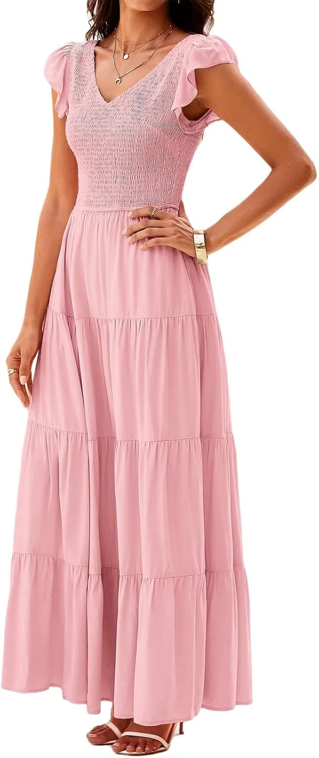 Women's Maxi Dresses Cap Ruffle Sleeve V Neck Backless Casual Dress Elastic Waist Tiered Pleated A-Line Dresses