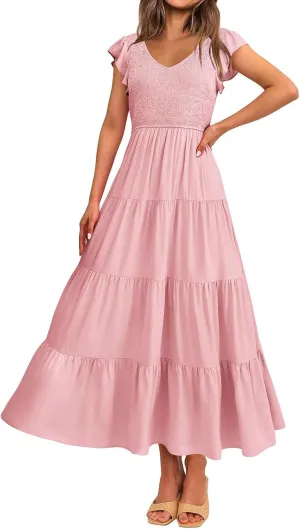 Women's Maxi Dresses Cap Ruffle Sleeve V Neck Backless Casual Dress Elastic Waist Tiered Pleated A-Line Dresses