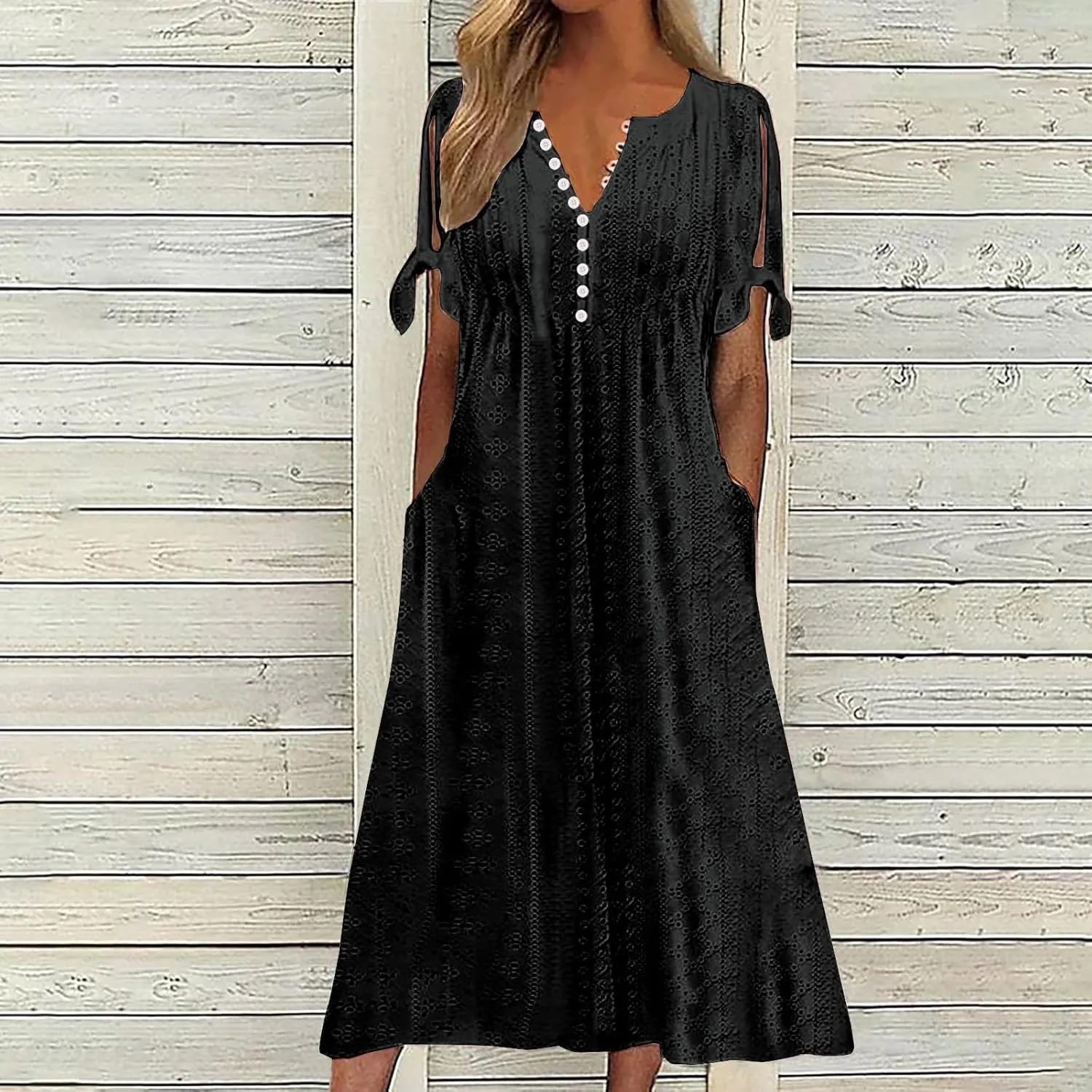 Women's Maxi Dresses Eyelet Summer Boho Solid Color Pleated Long Dress Loose Casual Vacation Trendy Clothing 2025