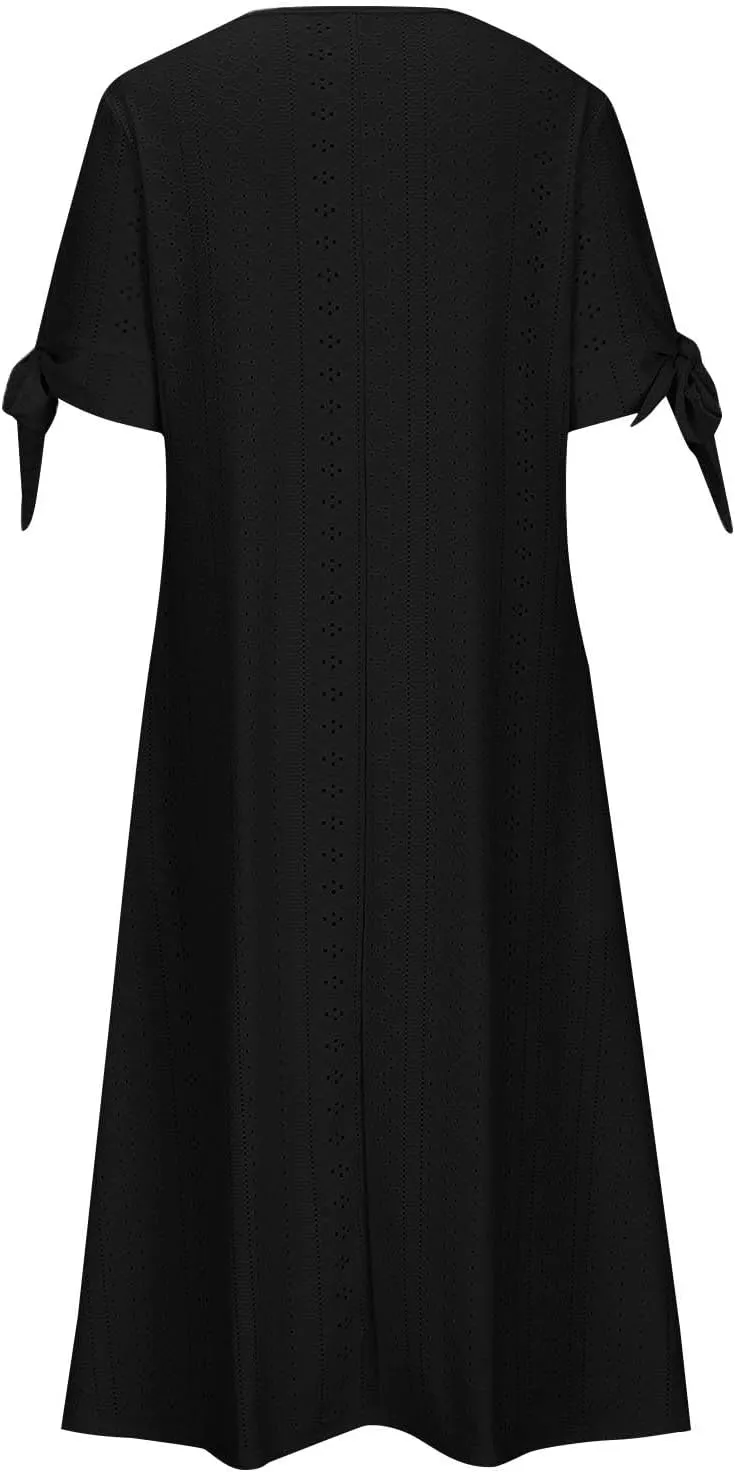 Women's Maxi Dresses Eyelet Summer Boho Solid Color Pleated Long Dress Loose Casual Vacation Trendy Clothing 2025