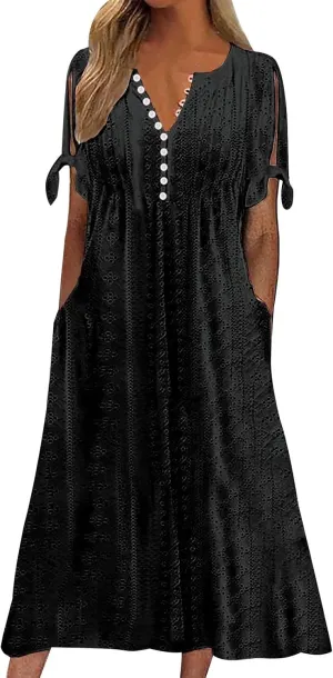 Women's Maxi Dresses Eyelet Summer Boho Solid Color Pleated Long Dress Loose Casual Vacation Trendy Clothing 2025