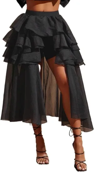 Women's Maxi Skirt Summer High Waist Solid Chiffon Ruffle Midi Skirt