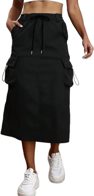 Women's Maxi Skirt Summer Midi High Waist Drawstring Waist Tooling Skirt