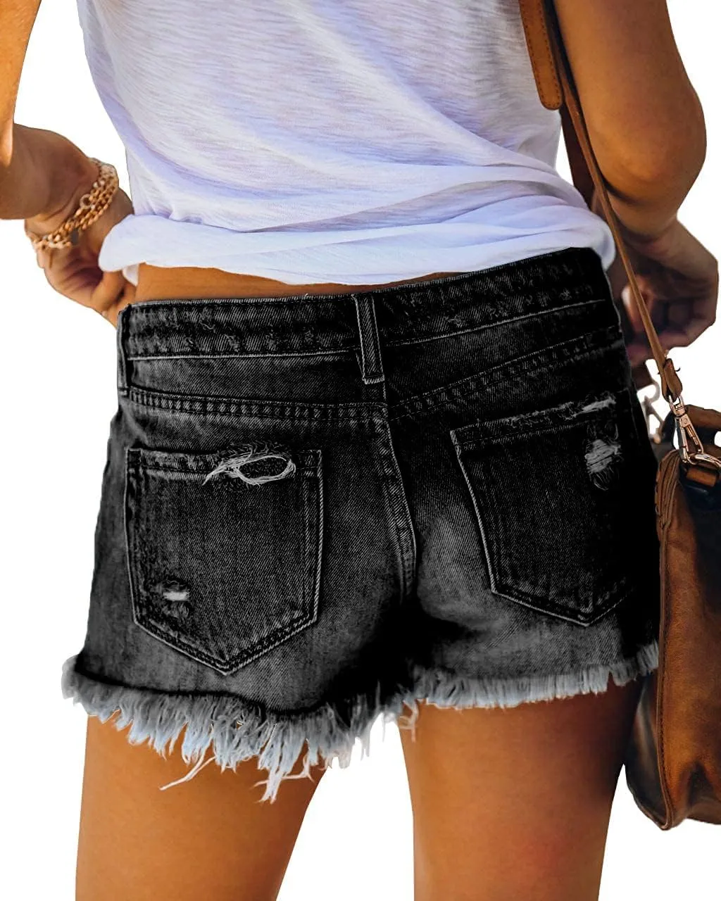 Women's Mid Rise Ripped Stretchy Jeans Shorts Frayed Raw Hem Casual Denim Shorts