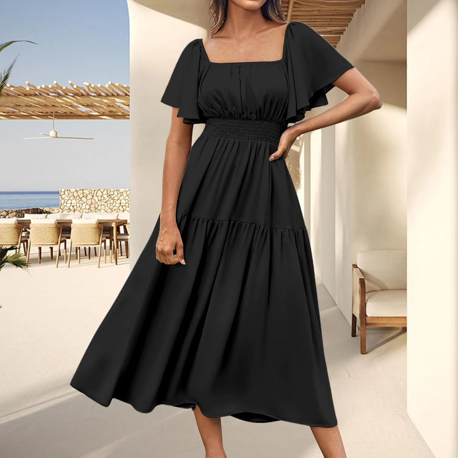 Womens Midi Dress Summer Suqare Neck Ruffle Short Sleeve Dresses Casual High Waist Tunic Tiered Beach Smocked Dress