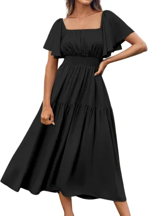 Womens Midi Dress Summer Suqare Neck Ruffle Short Sleeve Dresses Casual High Waist Tunic Tiered Beach Smocked Dress