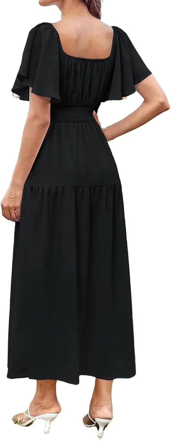 Womens Midi Dress Summer Suqare Neck Ruffle Short Sleeve Dresses Casual High Waist Tunic Tiered Beach Smocked Dress