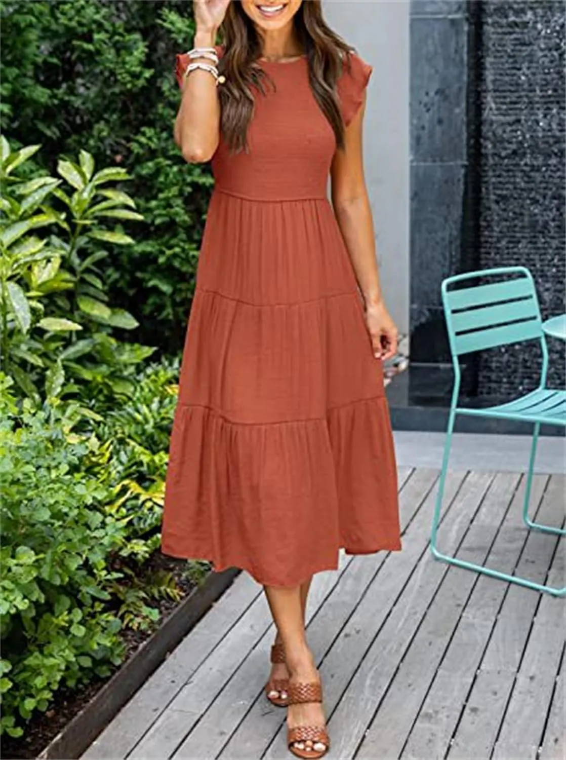 Womens Midi Dresses Summer Round Neck Puff Sleeveless Dress Loose Fit Tummy Control Ruffle Tiered Hem Beach Sundress