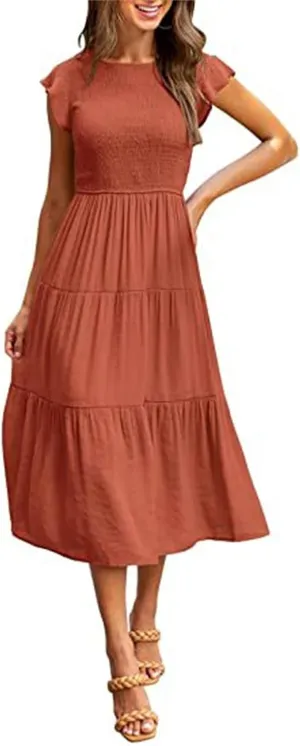 Womens Midi Dresses Summer Round Neck Puff Sleeveless Dress Loose Fit Tummy Control Ruffle Tiered Hem Beach Sundress