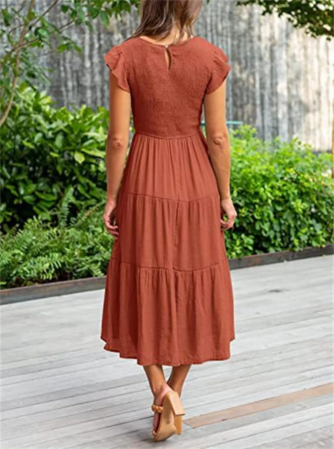 Womens Midi Dresses Summer Round Neck Puff Sleeveless Dress Loose Fit Tummy Control Ruffle Tiered Hem Beach Sundress