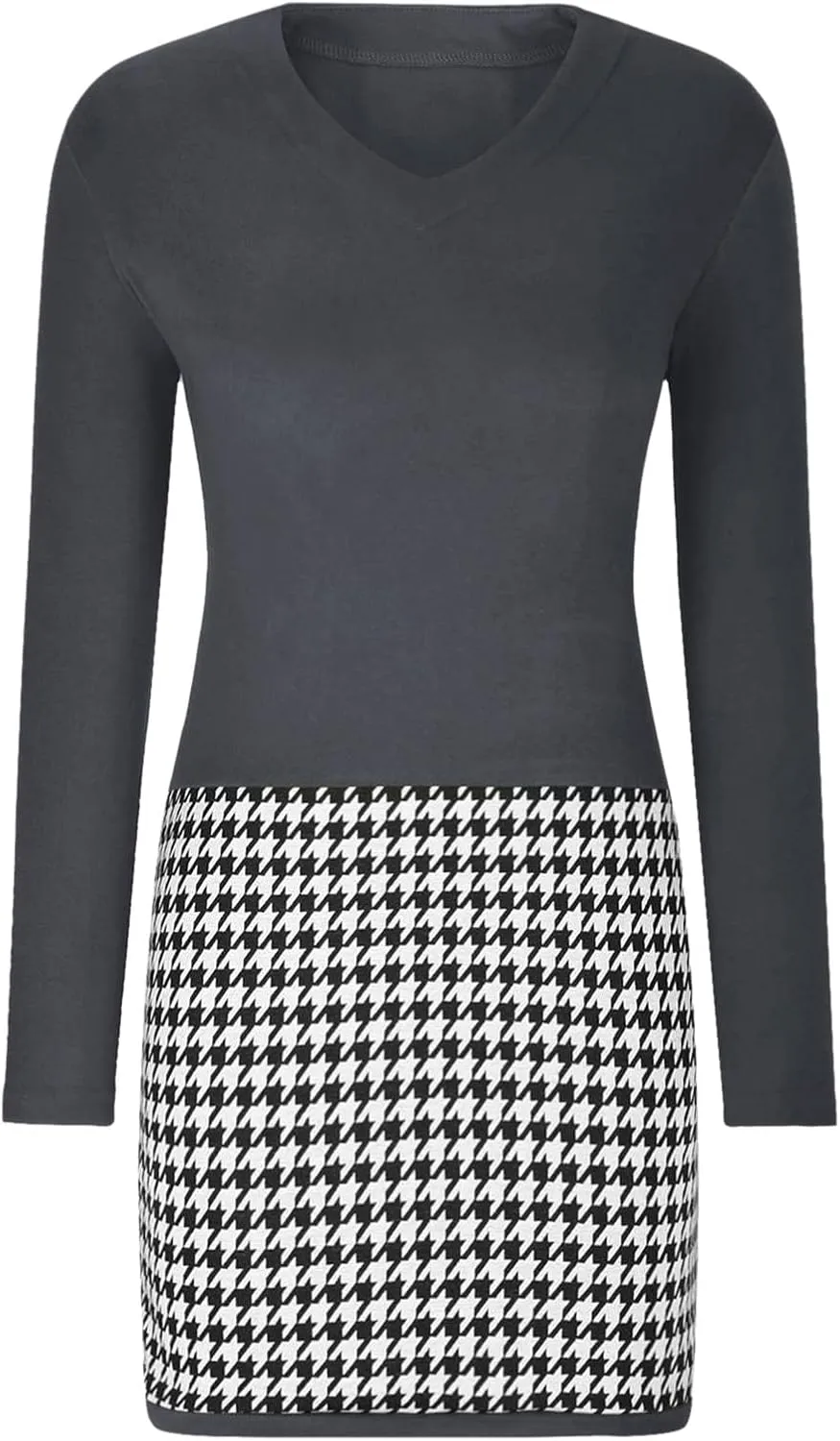 Womens Midi Patchwork Dress Long Sleeve V Neck Plaid Skirt Semi Formal Fit Business Casual Outfits Work Dress Clothes