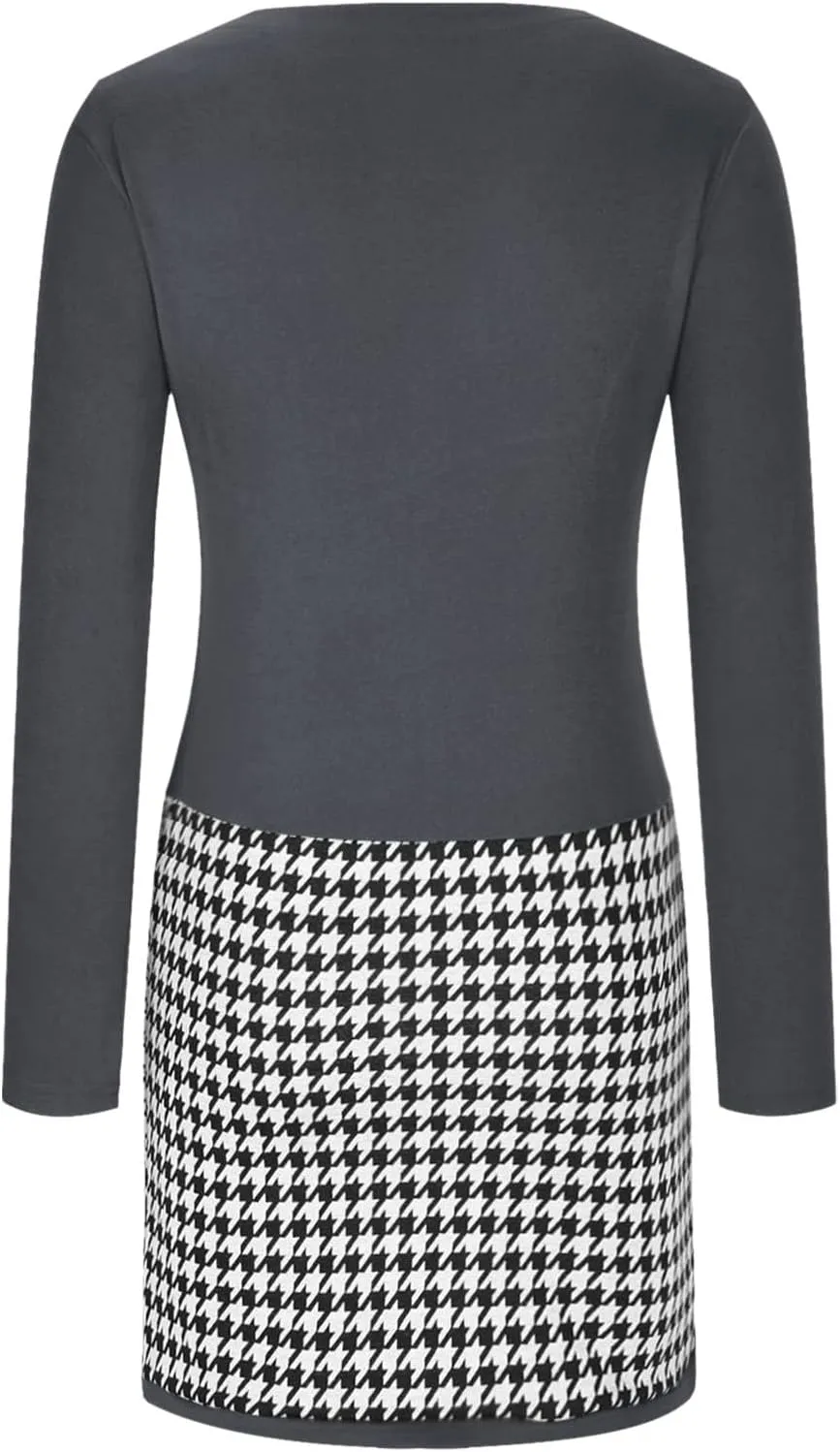 Womens Midi Patchwork Dress Long Sleeve V Neck Plaid Skirt Semi Formal Fit Business Casual Outfits Work Dress Clothes