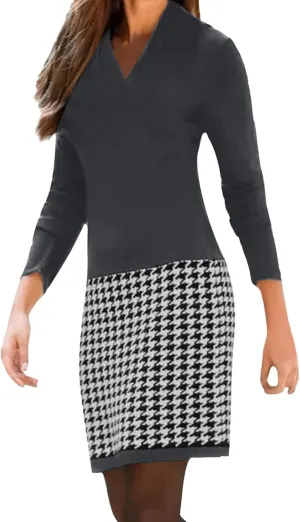 Womens Midi Patchwork Dress Long Sleeve V Neck Plaid Skirt Semi Formal Fit Business Casual Outfits Work Dress Clothes