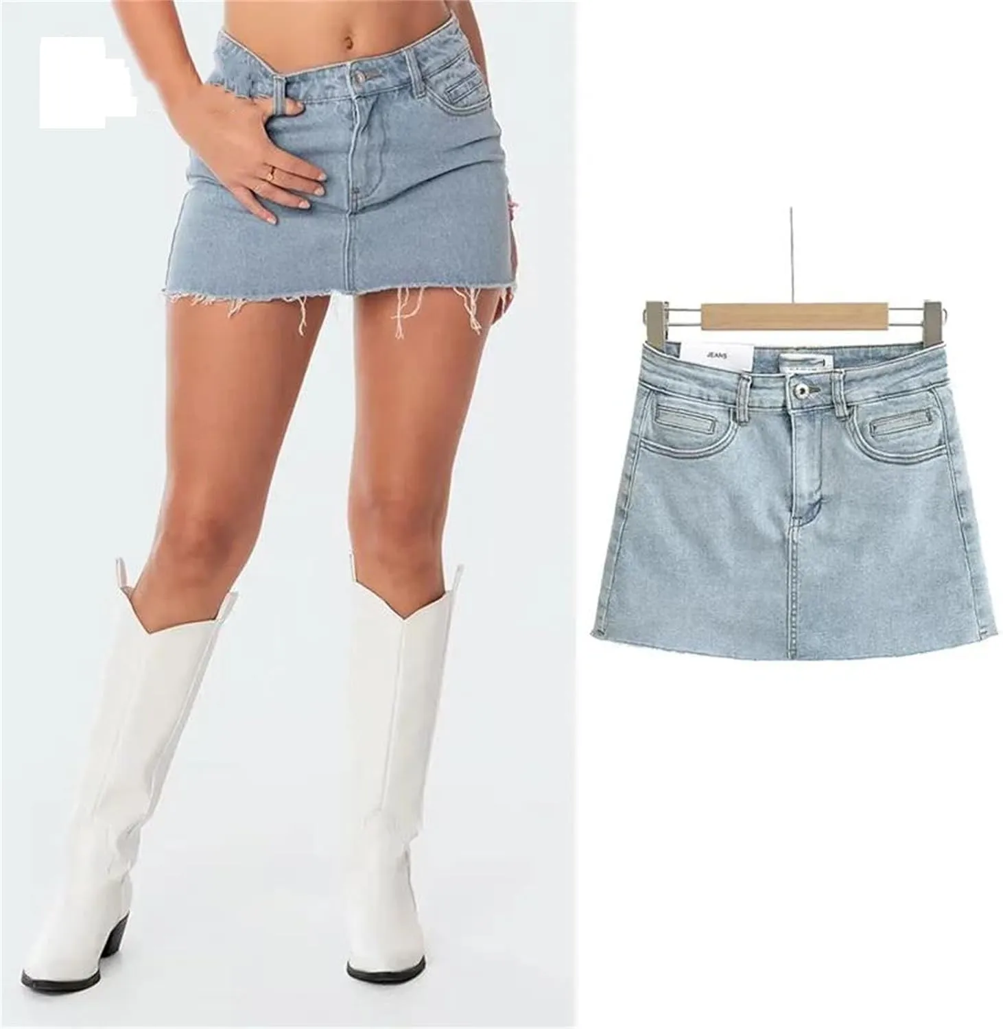 Womens Mini Denim Skirt with Pockets Y2k Streetwear Sexy High Waist Vintage Frayed Hem Jean Shorts Skirts