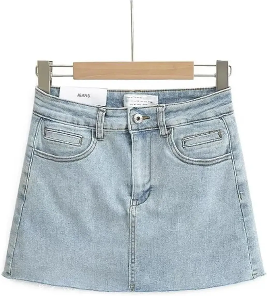 Womens Mini Denim Skirt with Pockets Y2k Streetwear Sexy High Waist Vintage Frayed Hem Jean Shorts Skirts
