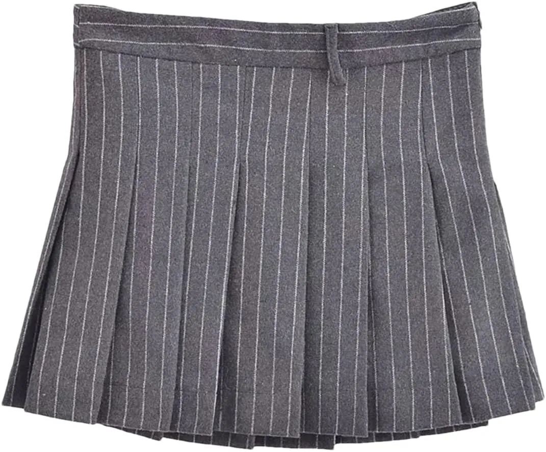 Women's Mini Skirts Vintage Office Pinstripe Blended Pleated High Waist Short Skirts