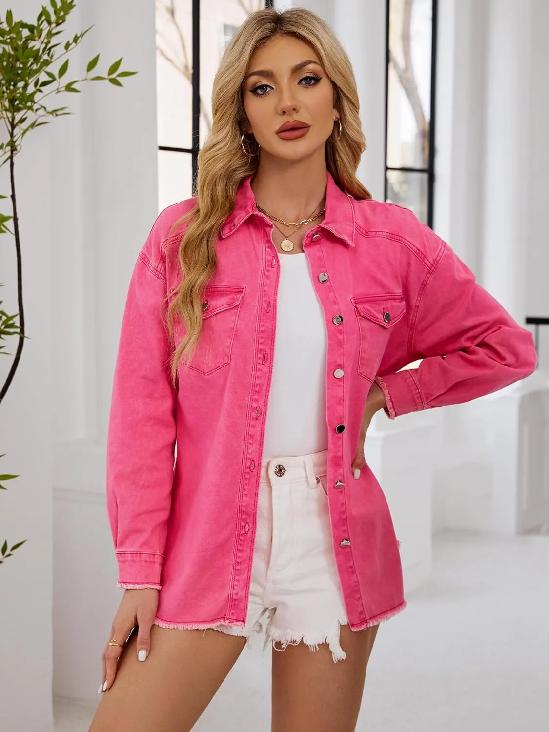 Womens Oversized Button Down Frayed Hem Denim Shacket Casual Long Sleeve Jean Jackets 2025 Spring Outfits