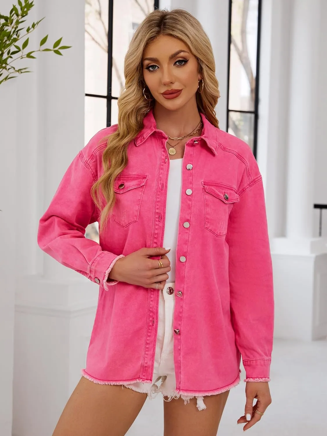 Womens Oversized Button Down Frayed Hem Denim Shacket Casual Long Sleeve Jean Jackets 2025 Spring Outfits