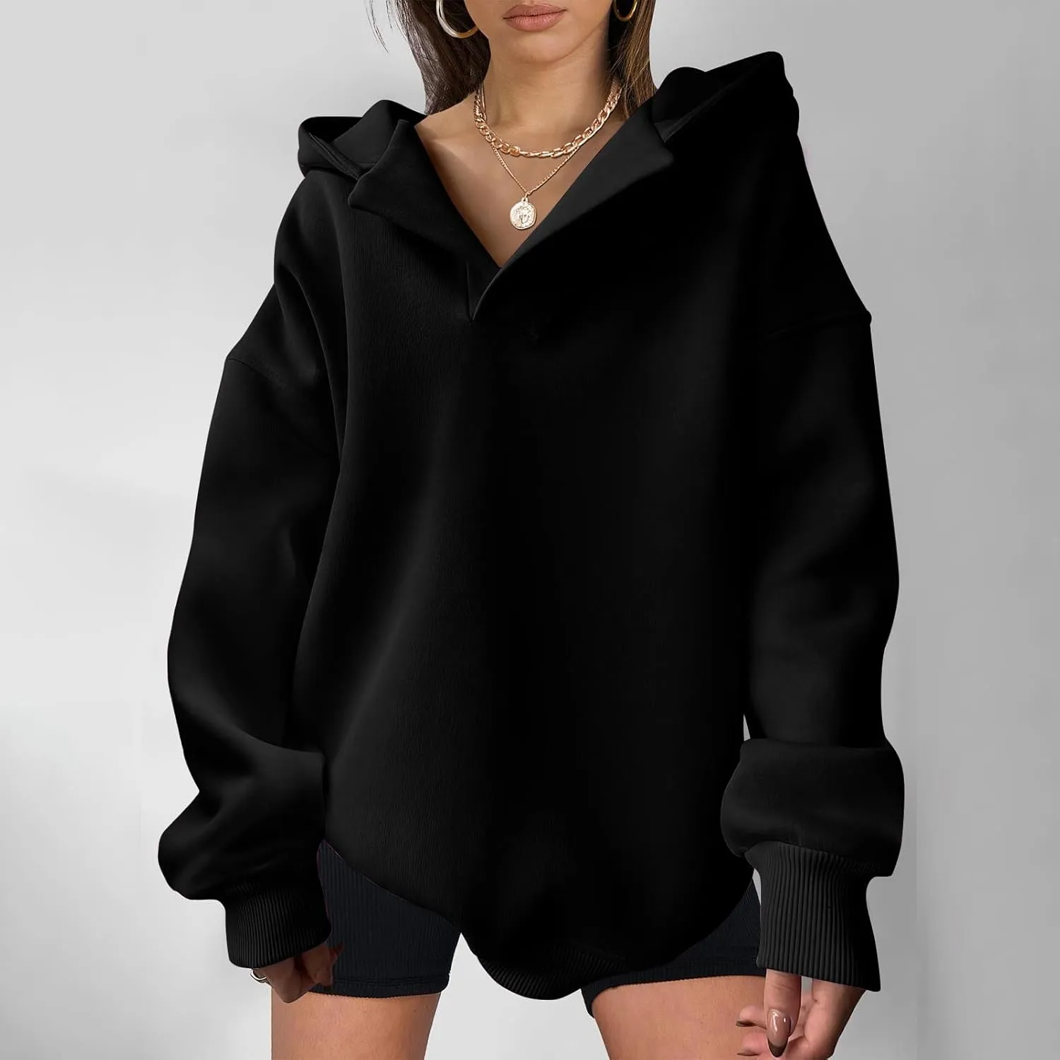 Womens Oversized Hoodies Fleece Long Sleeve Sweatshirts Lapel V Neck Casual Sweaters Pullover Fall Fashion Outfits 2024
