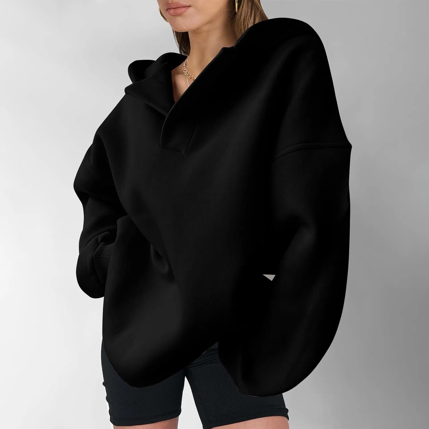 Womens Oversized Hoodies Fleece Long Sleeve Sweatshirts Lapel V Neck Casual Sweaters Pullover Fall Fashion Outfits 2024