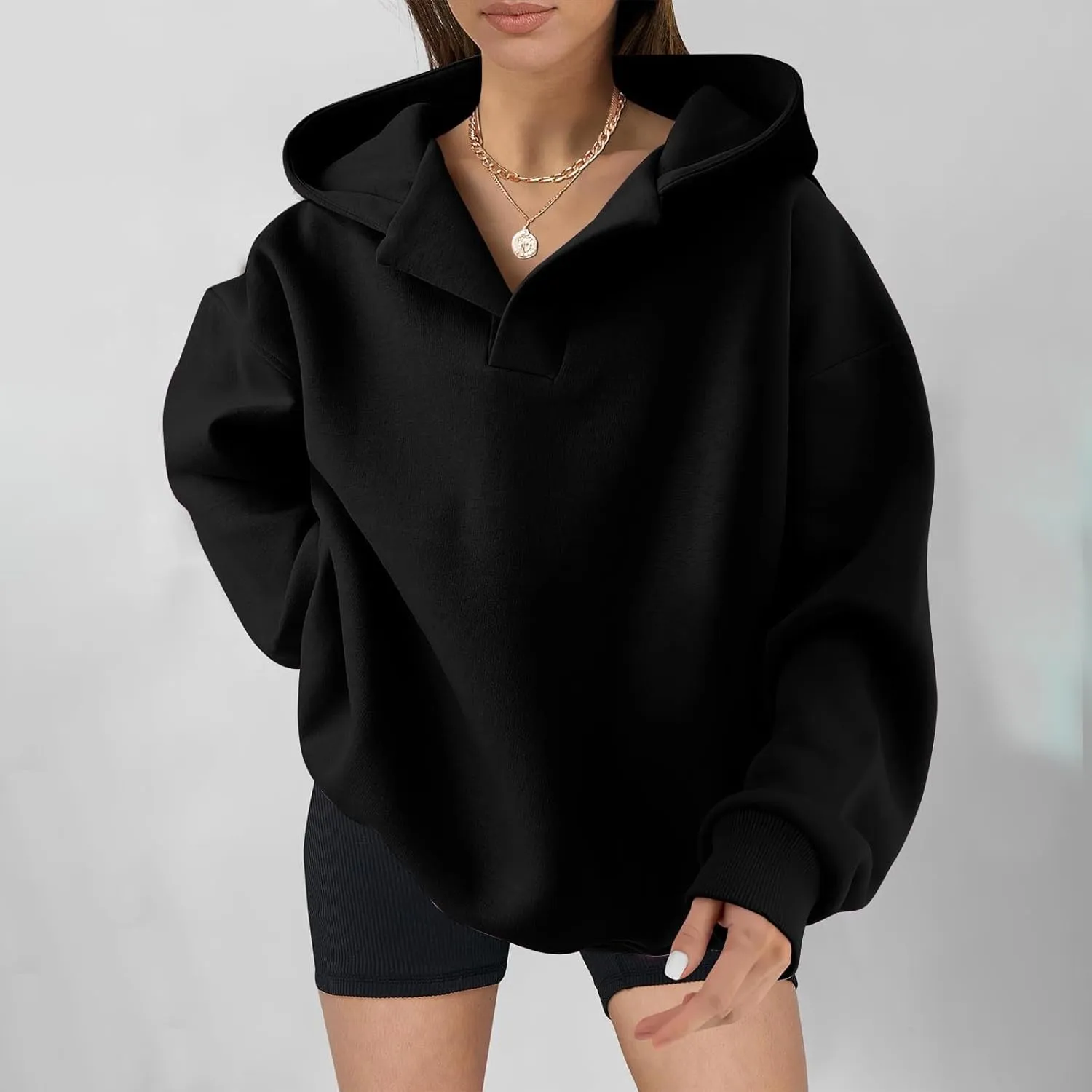 Womens Oversized Hoodies Fleece Long Sleeve Sweatshirts Lapel V Neck Casual Sweaters Pullover Fall Fashion Outfits 2024