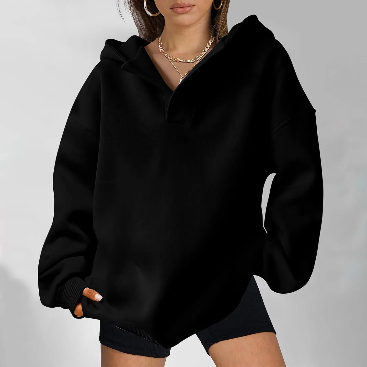 Womens Oversized Hoodies Fleece Long Sleeve Sweatshirts Lapel V Neck Casual Sweaters Pullover Fall Fashion Outfits 2024