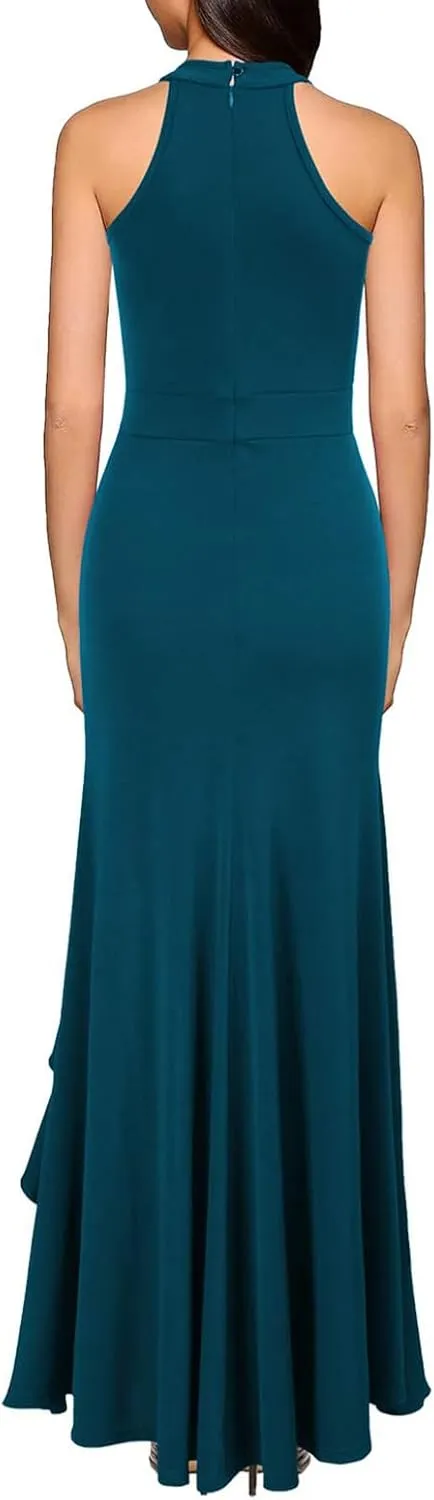 Womens Party Dress Dressy High Neck Tunic Split Bodycon Dresses Summer Casual Sleeveless Evening Cocktail Long Dress