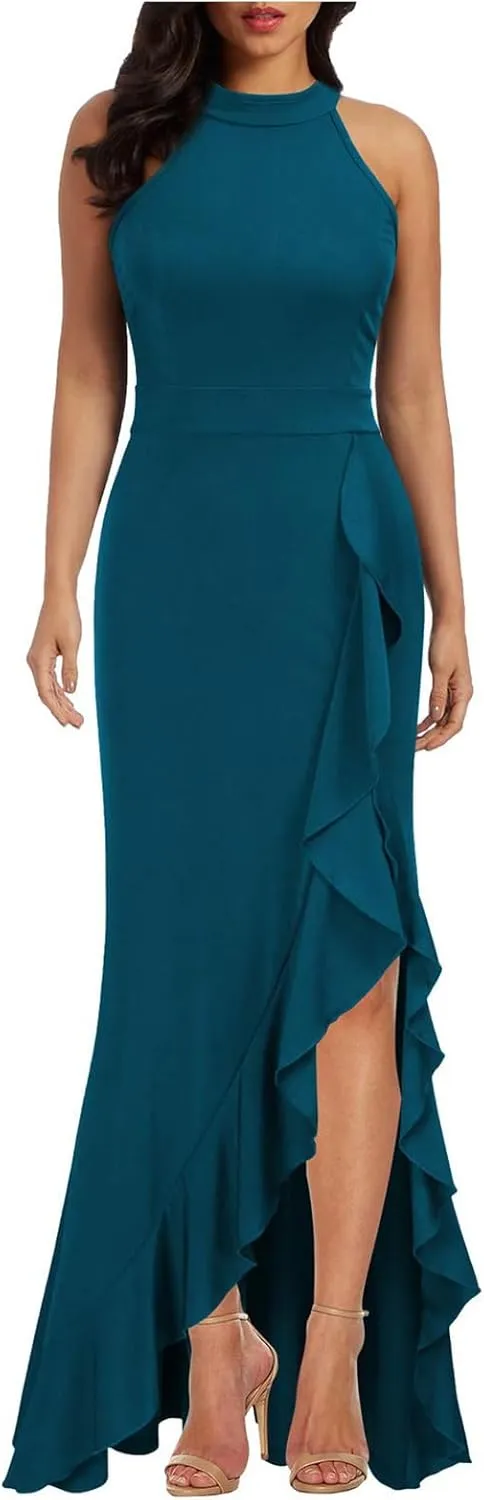 Womens Party Dress Dressy High Neck Tunic Split Bodycon Dresses Summer Casual Sleeveless Evening Cocktail Long Dress
