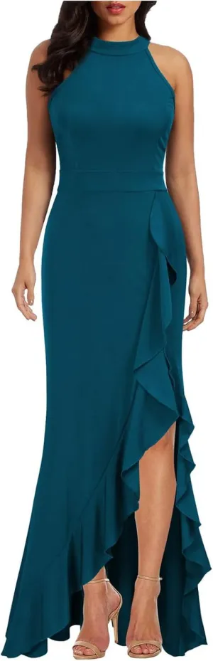 Womens Party Dress Dressy High Neck Tunic Split Bodycon Dresses Summer Casual Sleeveless Evening Cocktail Long Dress