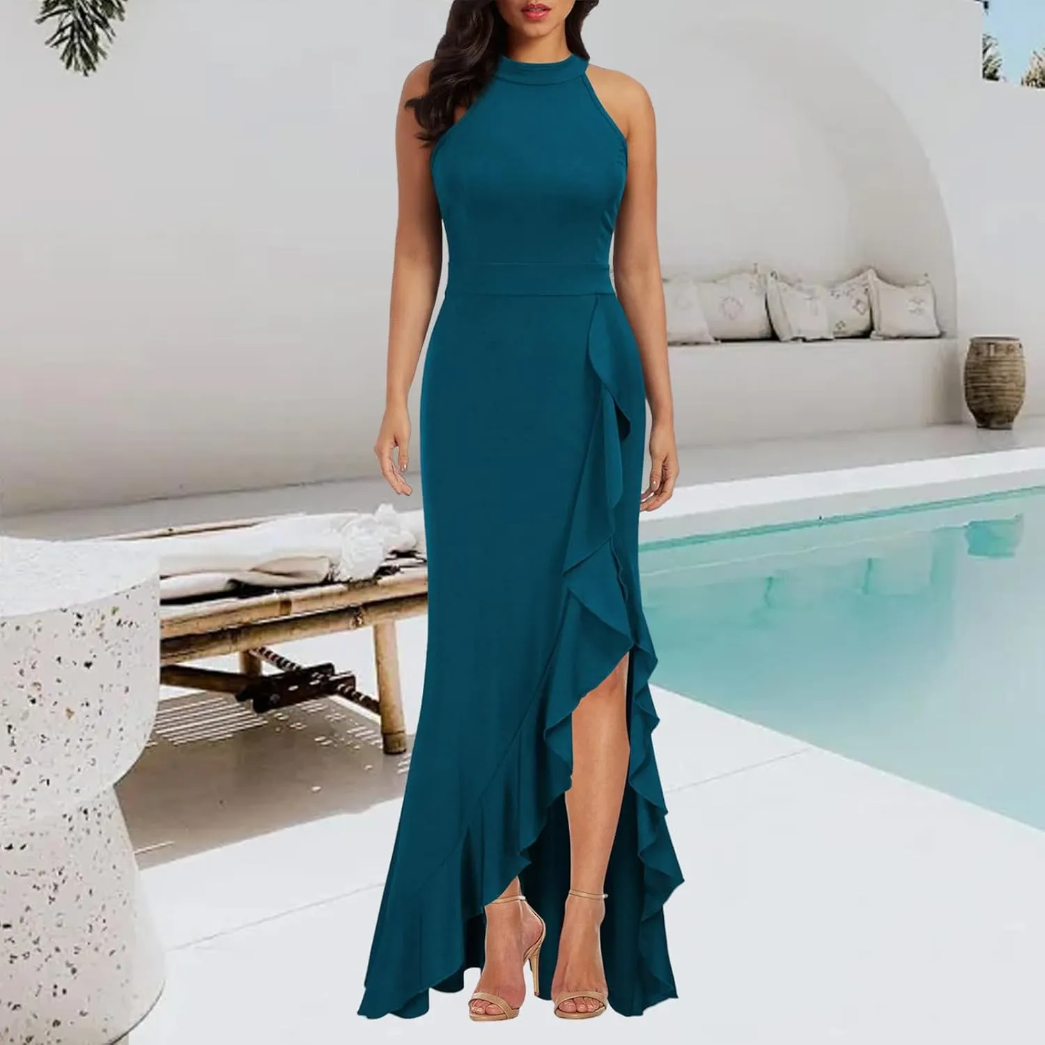 Womens Party Dress Dressy High Neck Tunic Split Bodycon Dresses Summer Casual Sleeveless Evening Cocktail Long Dress