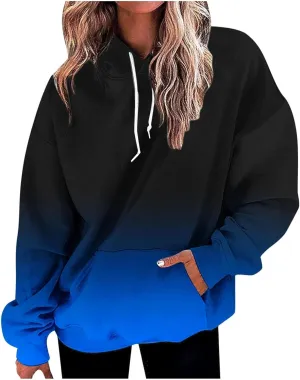 Womens Pullover Hoodie Gradient Color Long Sleeve Loose Sweatshirt with Drawstring Hood Fall Lightweight Sport Hoodie