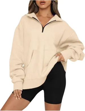 Womens Quarter Zip Pullover Cropped Fleece Hoodies Lightweight Crew Neck Sweatshirt Casual Fall Outfit