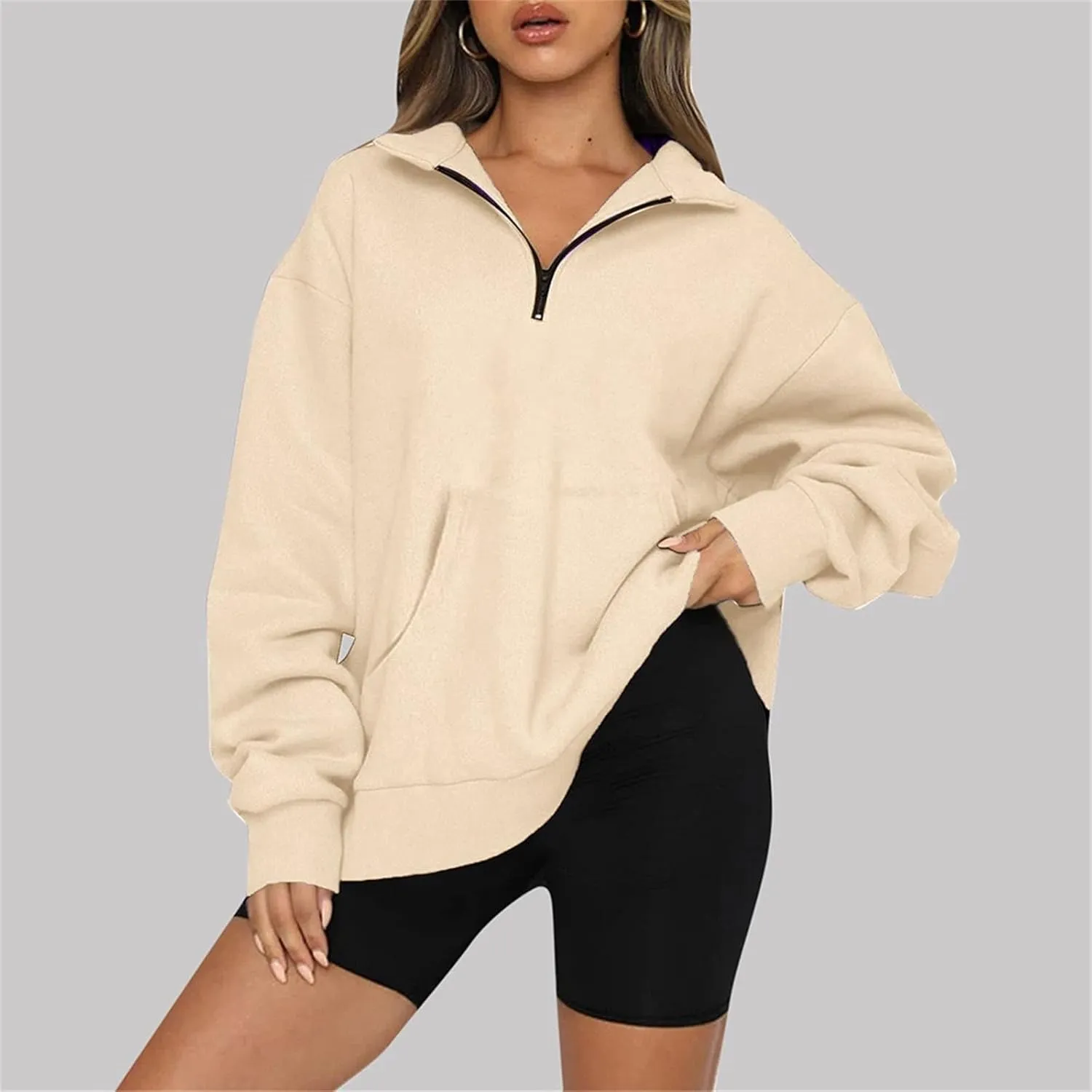 Womens Quarter Zip Pullover Cropped Fleece Hoodies Lightweight Crew Neck Sweatshirt Casual Fall Outfit
