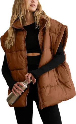 Womens Quilted Puffer Vest Sleeveless Zip up Jacket Stand Collar Padded Gilet Coat with Pockets