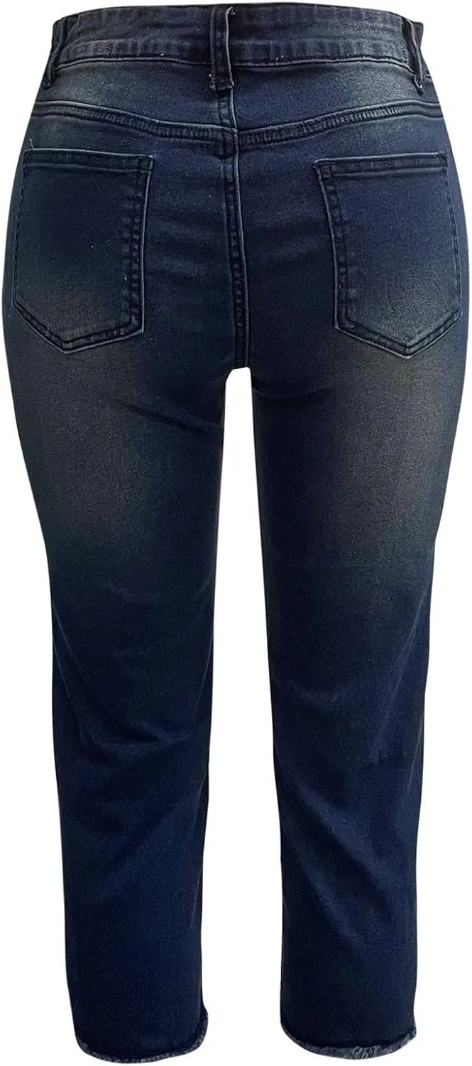Women's Ripped Destroyed Skinny Jeans & Jeggings Pull-On Elastic Waist Stretch Denim Pants Regular-Plus Size