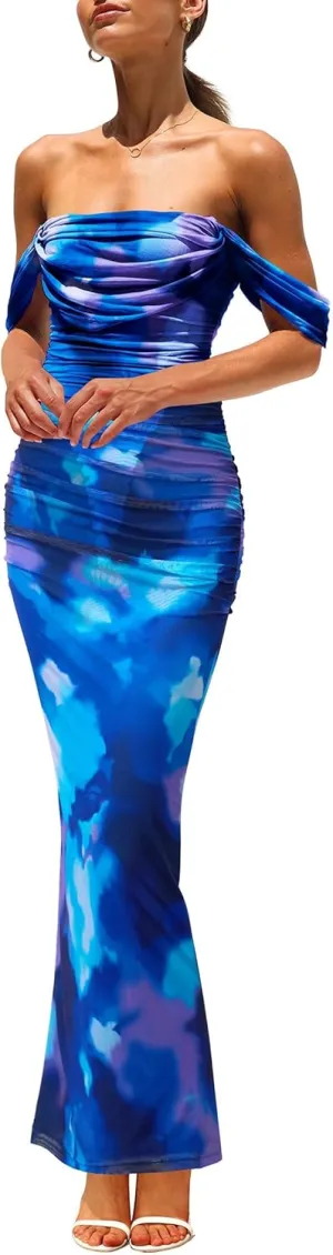 Women's Ruched Bodycon Maxi Dress Sleeveless Floral Slit Mesh Party Fitted Cocktail Wedding Guest Tank Dress